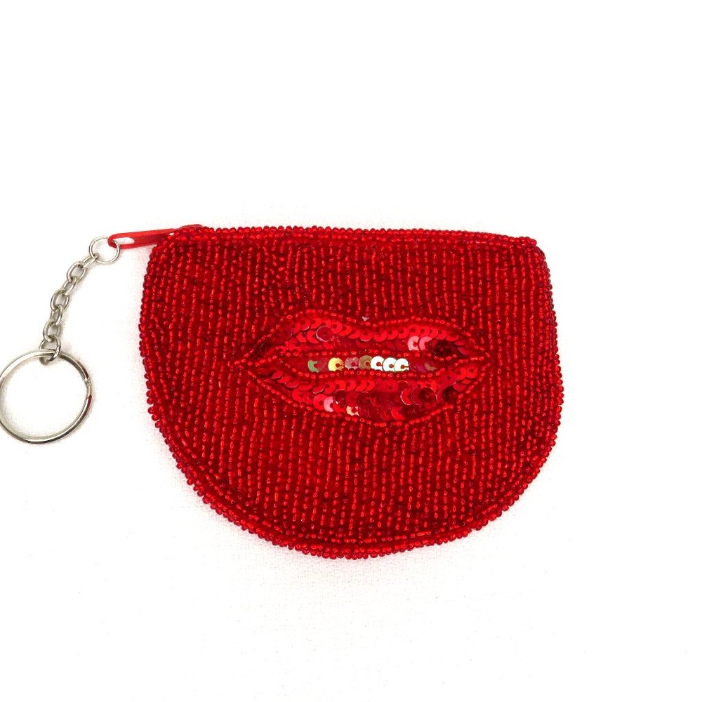 Handmade Seed Bead & Sequin Deep Red Lips Coin Purse Key Ring